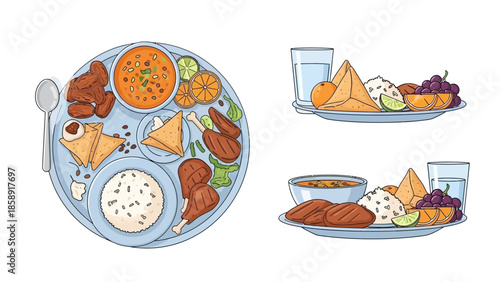 Ramadan Iftar Food Collection Vector, Middle Eastern Cuisine Set with Rice, Chicken, Lentil Soup, Dates and Hummus Illustration