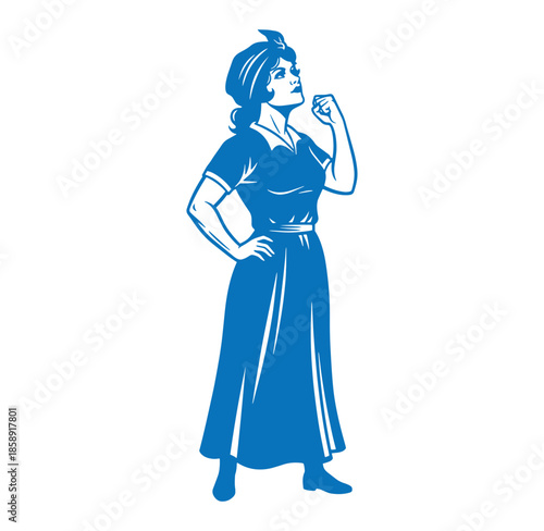 blue illustration of a woman in a long dress and headscarf flexing her arm