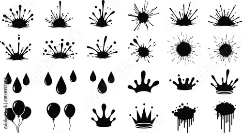  Ink splatter, paint drops, balloon and crown silhouette vector collection, dripping splashes for artistic design, graffiti elements, abstract decorative shapes bundle