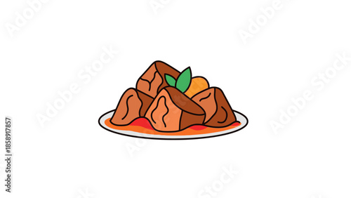 Delicious Beef Rendang Vector Illustration with Traditional Spicy Sauce on Plate