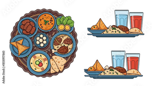 Ramadan Iftar Food Vector Illustration Set with Biryani Rice, Fried Chicken, Hummus, Samosas, and Dates