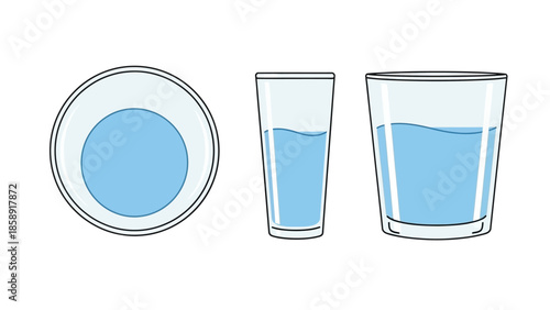 Water Glass Set Illustration with Top View and Side View Perspectives, Minimalist Line Art Vector