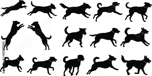  Running and jumping dog silhouettes collection in various poses, playful domestic pet vector illustration set for design, motion animals clipart bundle