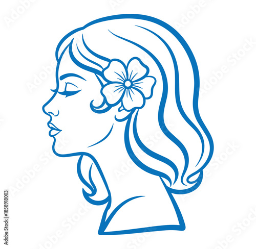 blue line art of a womans head with a flower in her hair