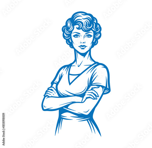 blue line drawing of a woman with her arms crossed looking confident