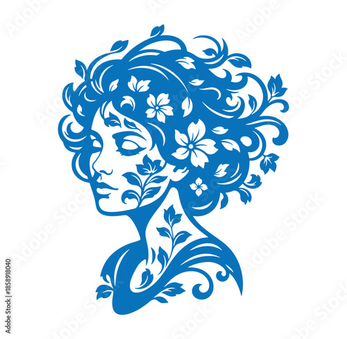 blue silhouette of a womans face with flowers in her hair and leaves on her neck and shoulders