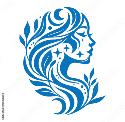 blue silhouette of a womans face with leaves and stars in her hair profile view