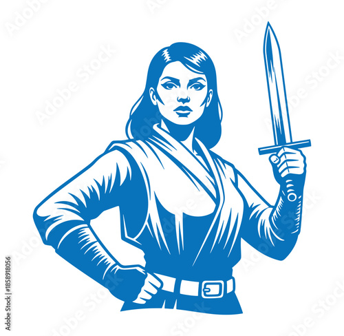 Blue woman in medieval attire holding sword and posing confidently alone