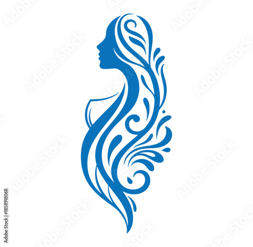 Blue silhouette of woman with long flowing hair in floral design on white background