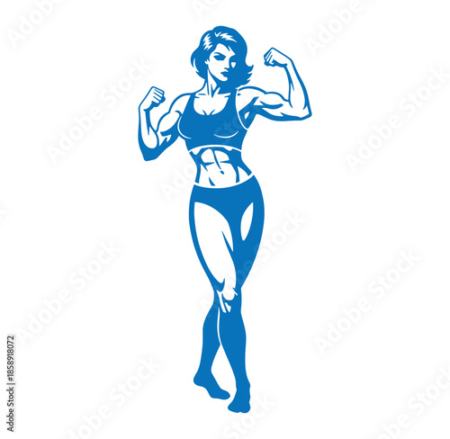 blue woman in sports bra and underwear flexing her muscles confidently strong