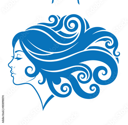 blue woman profile with long wavy hair blowing in the wind isolated on white background