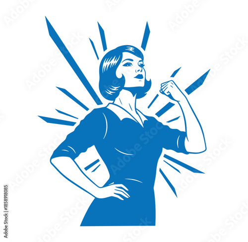 confident woman flexing her arm in a powerful pose with hand on hip and sunburst background