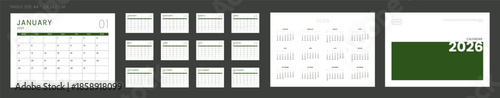 2026 Calendar Planner Set of Template grid Monthly Page, Cover with Place for Photo, Company Logo, Annual. Vector layout of wall or desk organizer calendar with week start Monday ready print. Pages A4