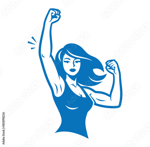Strong woman with long hair flexing her muscles in a powerful pose  confident female empowerment symbol