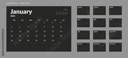 Set of 12 Pages Monthly Calendar Planner Templates on 2026 year. Vector mockup of a wall or desktop calendar organizer grid with the week starting on Monday ready print. Page for size A4 -21x29.7 cm