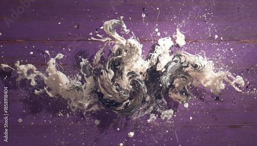 Abstract swirling grayscale and off-white paint splatters on a deep purple wood-grain background, exhibiting dynamic movement and texture