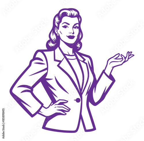 woman in purple line art wearing business jacket presenting with one hand on hip