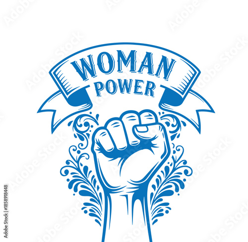 Woman power symbol with raised fist and floral design on transparent background