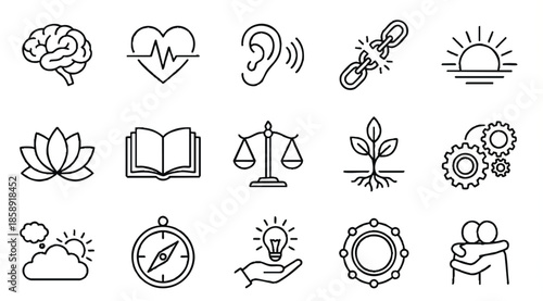 Minimalist Line Art Mental Health Icons for Psychology Branding Vector