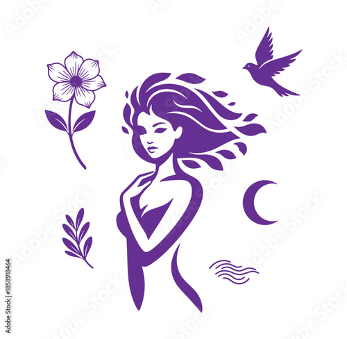 Woman with flowing hair and purple floral symbols around her isolated on white background