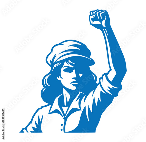 Woman with raised fist wearing a cap and shirt in blue color isolated on white background