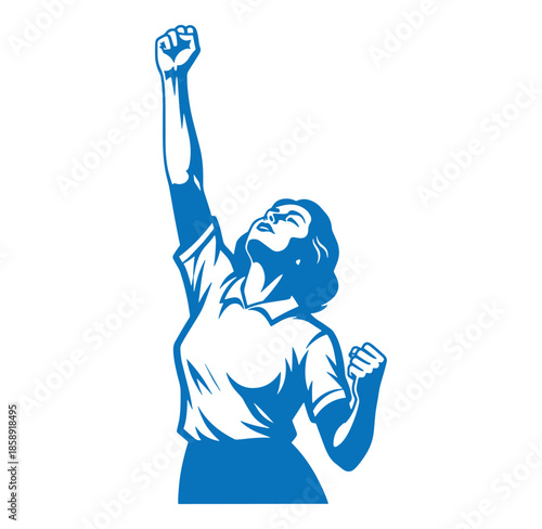 Woman with one arm raised in triumph and fist clenched celebrating success