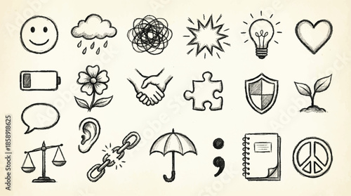 Pencil Sketch Hand Drawn Mental Health Psychology Symbols Vector