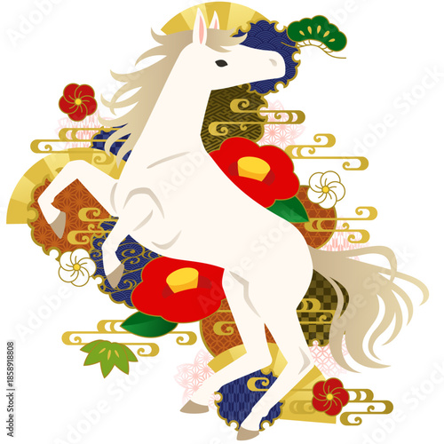 立ち上がる白馬と和風の飾りイラスト