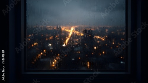 Aerial night view of city lights glowing through mist, creating a dramatic urban nightscape
