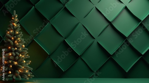 Emerald Green Christmas Interior Background with Golden Ornaments and 3D Geometric Wall for Holiday Branding_4