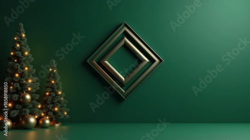 Luxury Emerald Green Christmas Background with Gold Diamond Frame and Decorated Trees for Festive Holiday Banner_1