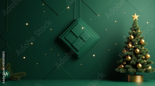 Luxury Emerald Green Christmas Background with Gold Diamond Frame and Decorated Trees for Festive Holiday Banner_2
