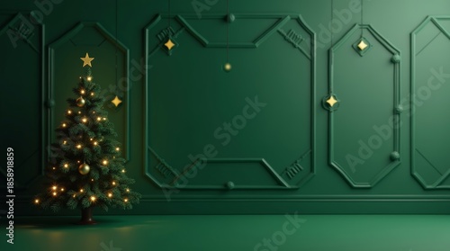 Luxury Emerald Green Christmas Background with Gold Diamond Frame and Decorated Trees for Festive Holiday Banner_3
