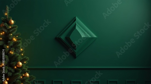 Luxury Emerald Green Christmas Interior with Gold Diamond Frame and Fir Trees Minimalist New Year Background_1