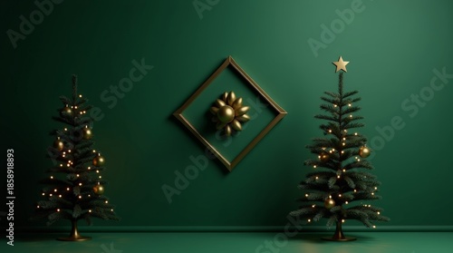 Luxury Emerald Green Christmas Interior with Gold Diamond Frame and Fir Trees Minimalist New Year Background_2