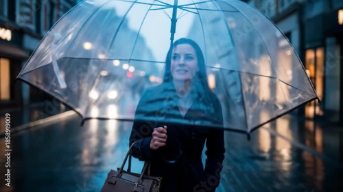 A young woman holding a clear umbrella on a rainy city street at night with a purse. Perfect for advertising, editorial content, and marketing materials.
