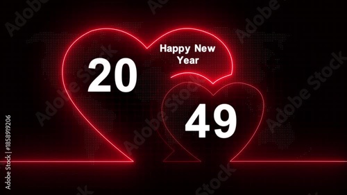 Romantic style new year 2049 text animation with glowing neon hearts. Abstract glowing neon valentines Two love heart symbol animation with happy new year celebration concept.