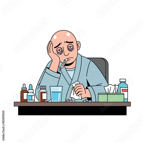 Sick man with thermometer and medicine on table.