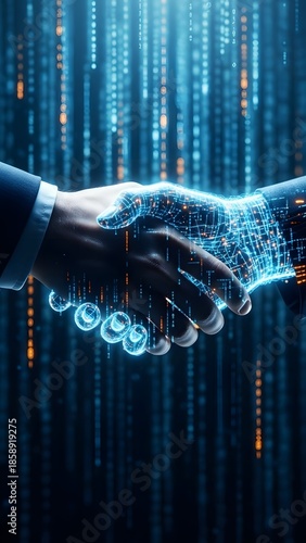 A futuristic depiction of a human hand meeting a digital robotic hand in a handshake symbolizing connection