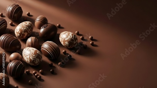 A delightful arrangement of various chocolate eggs and small spheres on a rich brown surface