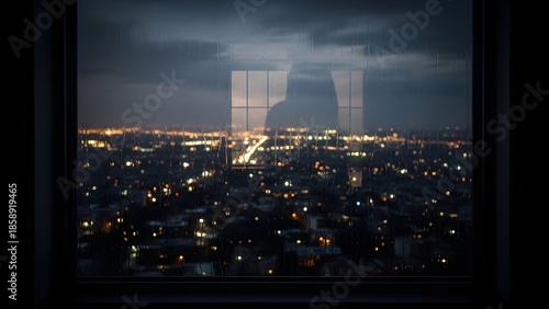 Night cityscape with glowing buildings and reflections, presenting a calm and modern urban mood
