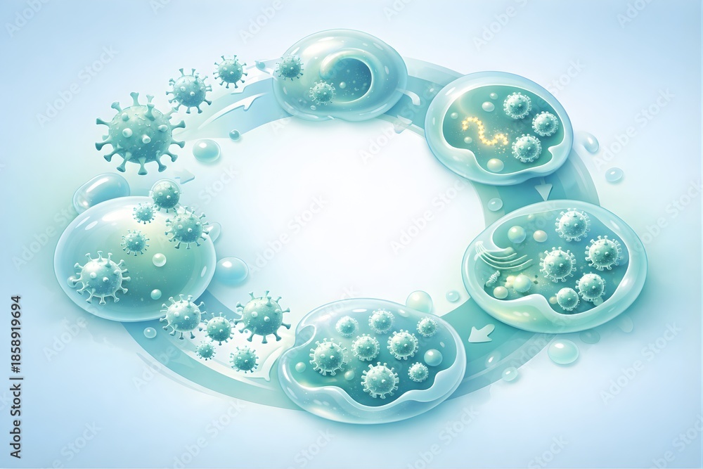 Obraz premium Complete Virus Life Cycle – Conceptual Medical Illustration 