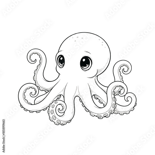 Cute Baby Octopus Coloring Page Line Art Vector Illustration