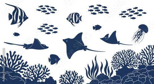 An elegant vector illustration featuring diverse marine life and intricate coral reefs, creating a serene underwater scene, perfect for a graphic background design.