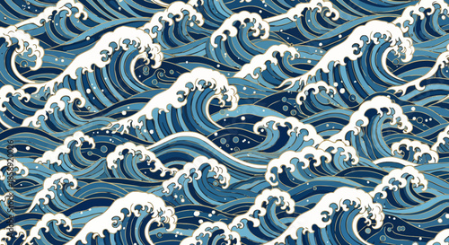 A vibrant vector illustration showcases a stylized depiction of ocean waves, with dynamic movement and intricate details, providing a visually appealing background for various design projects.