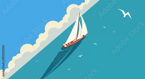 A sailboat glides across the calm, blue sea under a partly cloudy sky, creating a serene and inviting scene, perfect for travel and summer themes.