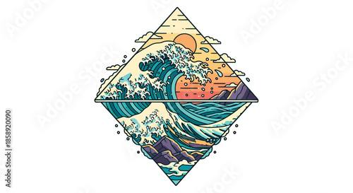 A vibrant vector illustration showcases a stylized sea wave crashing under a warm sunset, framed within a geometric diamond, evoking a sense of adventure and natural beauty.
