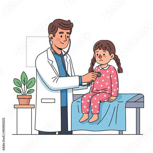 Doctor examining a young girl with a stethoscope in a medical setting.