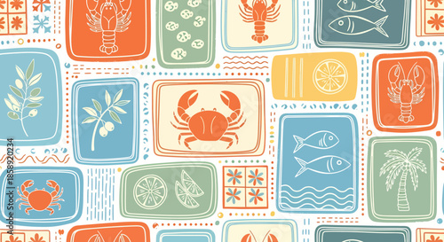 A vibrant seamless vector pattern featuring charming hand-drawn marine life illustrations like lobsters, crabs, and fish, perfect for a summer background design.