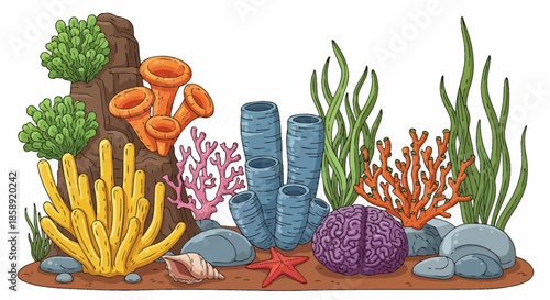 A vibrant cartoon vector illustration portrays a beautiful underwater marine life scene with colorful corals, sponges, and seaweed, perfect as a sea background.